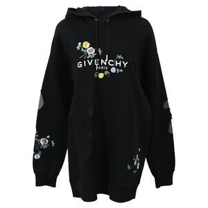 Givenchy Embroidered Floral Destroyed Logo Hoodie in Black Cotton